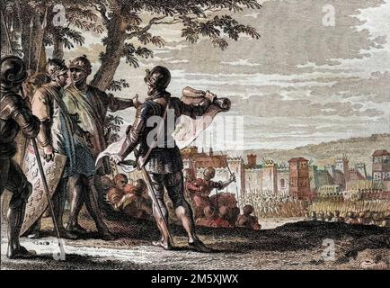 Les rois Louis III (863-882) et Carloman II (867-884) assieSergeant la ville de Vienne, 883. Gravure de Jean Michel Moreau, dit Moreau le Jeune (1741-1814), 18eme siecle. Figures de l'histoire de France (dessinées par Moreau le Jeune, Lépicié et Monnet, gravées par Le Bas avec notices de l'abbé Jean-Jacques Digital Garnier) 1785 - Colorisation d'apres l'originale - Stockfoto