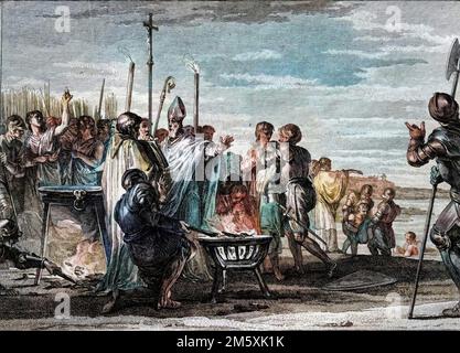 Ordalies ou 'les jugements de Dieu', 877 : les Representants de Louis de Germanie, venu reclamer a Louis II le Chauve la moitie du royaume de Lorraine, accept de se soumettre aux epreuves du fer chaud, de l'Eau bouillante et de l'Eau froide. Gravure de Jean Michel Moreau, dit Moreau le Jeune (1741-1814), 18eme siecle. Figures de l'histoire de France (dessinées par Moreau le Jeune, Lépicié et Monnet, gravées par Le Bas avec notices de l'abbé Jean-Jacques Digital Garnier) 1785 - Colorisation d'apres l'originale - Stockfoto