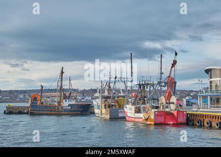 Fischerboote, die an den Docks in der Nähe des Joan Harriss Cruise Pavillion am Ufer in Sydney Nova Scotia festgemacht sind. Stockfoto