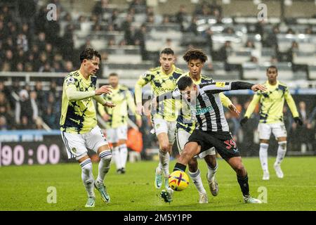 Newcastle upon Tyne, Großbritannien. 31. Dezember 2022. NEWCASTLE UPON TYNE, ENGLAND - DEZEMBER 31: Bruno Guimarães von Newcastle vereitelt von Tyler Adams von Leeds United während des Premier League-Spiels zwischen Newcastle United und Leeds United in St. James Park am 31. Dezember 2022 in Newcastle upon Tyne, Großbritannien. &#XA; (Foto: Richard Callis/Sports Press Photo/C - FRIST VON EINER STUNDE - FTP NUR AKTIVIEREN, WENN BILDER WENIGER ALS EINE STUNDE ALT sind - Alamy) Guthaben: SPP Sport Press Photo. Alamy Live News Stockfoto