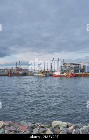 Fischerboote, die an den Docks in der Nähe des Joan Harriss Cruise Pavillion am Ufer in Sydney Nova Scotia festgemacht sind. Stockfoto