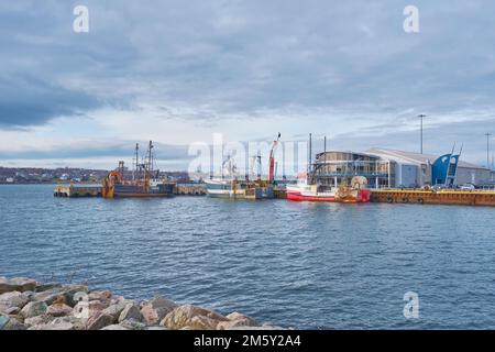 Fischerboote, die an den Docks in der Nähe des Joan Harriss Cruise Pavillion am Ufer in Sydney Nova Scotia festgemacht sind. Stockfoto