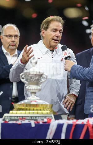 31. Dezember 2022: Alabama Head Coach Nick Saban wird nach dem 89. Jährlichen Allstate Sugar Bowl zwischen der Alabama Crimson Tide und der Kansas St. interviewt Wildcats im Caesars Superdome in New Orleans, LA. Jonathan Mailhes/CSM Stockfoto