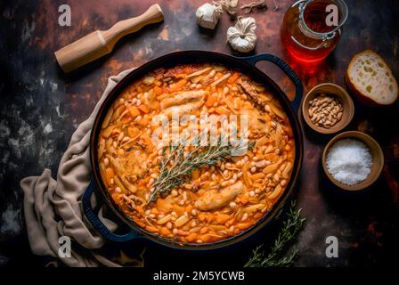 Klassisches Cassoulet mit Bohnen, Fleisch und knusprigen Brotkrumen Stockfoto