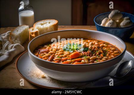 Klassisches Cassoulet mit Bohnen, Fleisch und knusprigen Brotkrumen Stockfoto