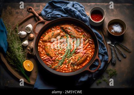 Klassisches Cassoulet mit Bohnen, Fleisch und knusprigen Brotkrumen Stockfoto