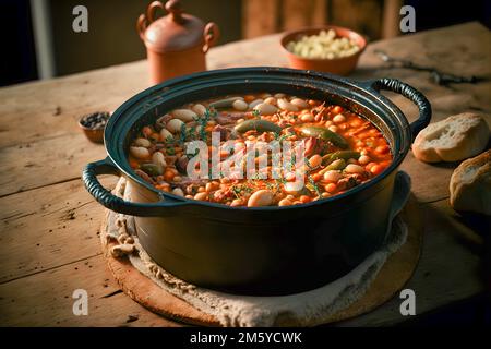 Klassisches Cassoulet mit Bohnen, Fleisch und knusprigen Brotkrumen Stockfoto