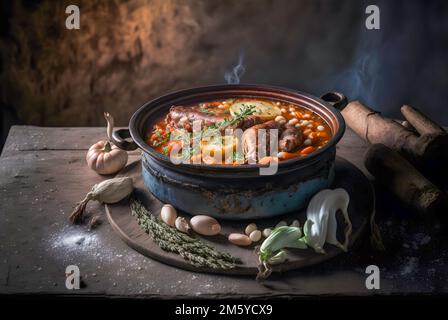 Klassisches Cassoulet mit Bohnen, Fleisch und knusprigen Brotkrumen Stockfoto