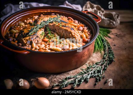 Klassisches Cassoulet mit Bohnen, Fleisch und knusprigen Brotkrumen Stockfoto