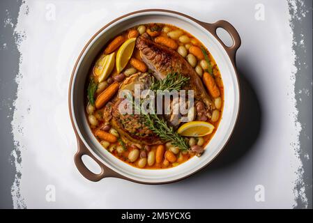 Klassisches Cassoulet mit Bohnen, Fleisch und knusprigen Brotkrumen Stockfoto