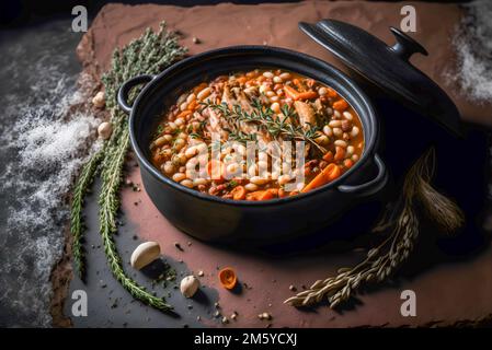 Klassisches Cassoulet mit Bohnen, Fleisch und knusprigen Brotkrumen Stockfoto