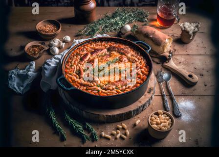 Klassisches Cassoulet mit Bohnen, Fleisch und knusprigen Brotkrumen Stockfoto