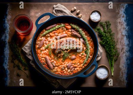 Klassisches Cassoulet mit Bohnen, Fleisch und knusprigen Brotkrumen Stockfoto