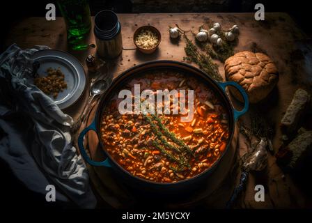 Klassisches Cassoulet mit Bohnen, Fleisch und knusprigen Brotkrumen Stockfoto