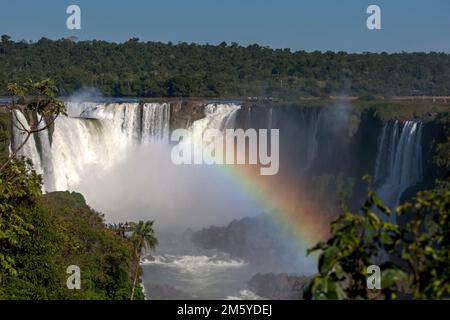 Ein Blick auf die Iguazu-Fälle von der brasilianischen Seite aus mit Blick auf Devil's Throat in der Ferne. Im Canyon ist ein Regenbogen zu sehen. Stockfoto