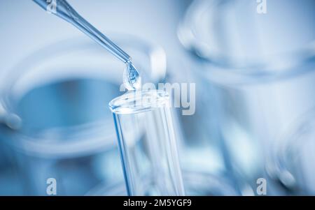 Chemische Glaswaren im Labor, 3D-Rendering. Digitale Zeichnung. Stockfoto