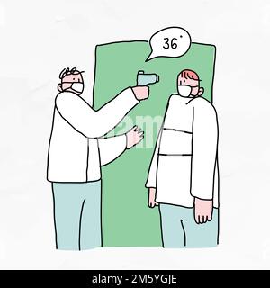 COVID-19-Temperaturscreeningvektor für den Business-Doodle-Charakter Stock Vektor
