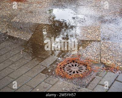 Überfluteter Abfluss in einer Straße nach einem Sturmregen Stockfoto