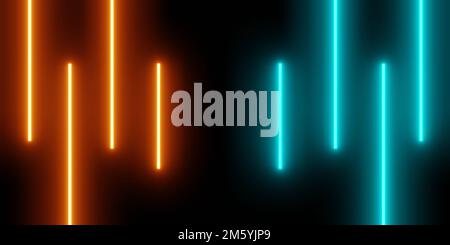 3D-Darstellung orangefarbener, leuchtender vertikaler Linien, abstrakter Neonlicht-Hintergrund, Science-Fiction-Raum, Technologiekonzept, Produktanzeige, Illustration Stockfoto