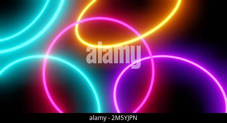 3D-Wiedergabe von farbenfrohem Neonlicht abstrakter Hintergrund, leuchtender Kreis, Sci-Fi, Technologiekonzept, Produktanzeige, Abbildung, Hintergrundbild Stockfoto