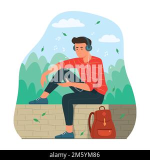 Backpacker-Mann, der Musik vom Smartphone hört, während er im öffentlichen Park sitzt Stock Vektor