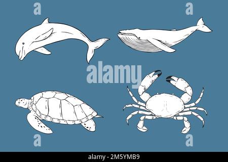 Vector Marine Animal Sticker Kollektion in Schwarz und Weiß Stock Vektor