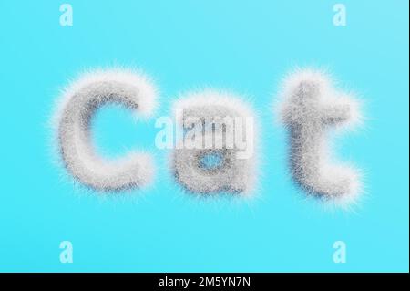 3D-Rendern. Schriftzug Katze aus weißer Wolle auf blauem Hintergrund. Stockfoto