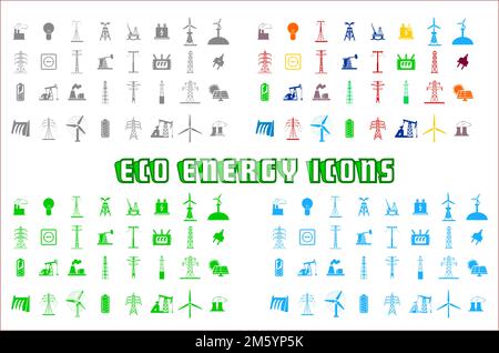 Eco Energy Icons Vector Illustration In Schwarz, Blau Und Grün Stock Vektor