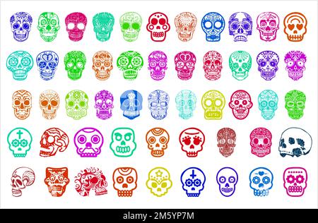 Buntes Mexikanisches Skulls Sugar Skulls Set Stock Vektor