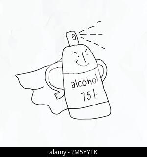 75% Alkohol Gel Vektor COVID-19 Doodle Illustration Stock Vektor