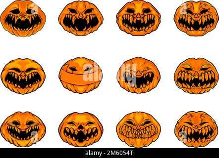 Ein Vektor einer Reihe von unheimlichen Kürbissen, die Kunst entwerfen, isoliert auf weißem Hintergrund Stock Vektor