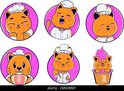 Ein Set süßer Katzenkoch-Ikonen isoliert auf weißem Hintergrund Stock Vektor