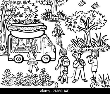 Ein Street Food Truck mit einem Verkäufer, der Hot Dog an Kunden im Stadtpark verkauft. Essen zum Mitnehmen im Freien und Konzept für kleine Unternehmen. Stockfoto