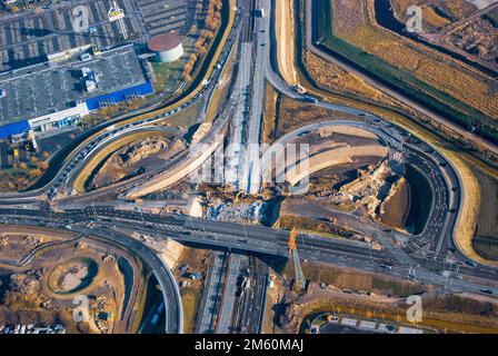Luftaufnahme einer Autobahnbaustelle, A1, BAB, Autobahn, Kreuzung, Infrastruktur, Verkehr, Verkehrsweg, Brücke, Abriss, Brücke Stockfoto