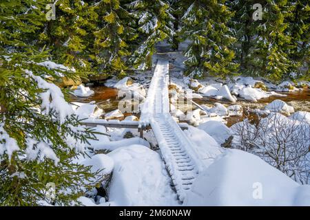 Kleine hölzerne Fußgängerbrücke, die im Winter mit Schnee über dem eisigen Bergfluss bedeckt ist. Stockfoto