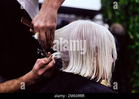 Hände eines Friseurs, der Haare einer weißhaarigen Frau schneidet Stockfoto