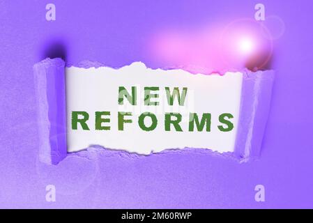 Handschrifttext Neue Reformen. Word für zur Änderung oder Verbesserung durch Änderung der Form oder Beseitigung von Fehlern Stockfoto