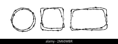 Satz Stacheldrahtrahmen. Handgezeichnete Vektordarstellung im Skizzenstil. Design-Element für Militär, Sicherheit, Gefängnis, Sklaverei-Konzepte Stock Vektor