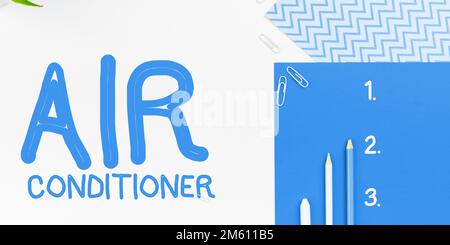Schild mit der Aufschrift „Klimaanlage“. Betriebswirtschaftliche Geräte zum Waschen von Luft und zur Regelung von Luftfeuchtigkeit und Temperatur Stockfoto