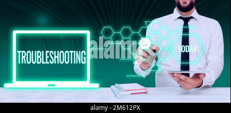 Textzeichen für Fehlerbehebung. Geschäftsidee eine Untersuchung oder Behandlung der Probleme ist aufgetreten Stockfoto