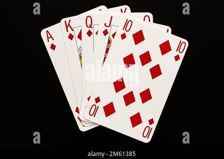 Das unschlagbare Hand-in-Poker bekannt als Royal Flush - Ass, King, Queen, Jack und 10 im selben Anzug Stockfoto