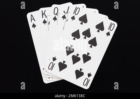 Das unschlagbare Hand-in-Poker bekannt als Royal Flush - Ass, King, Queen, Jack und 10 im selben Anzug Stockfoto