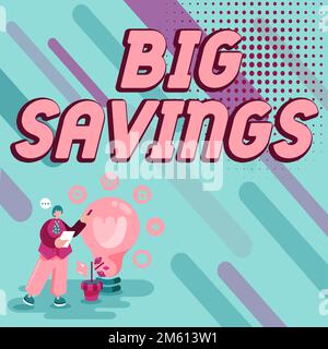 Konzeptionelle Überschrift große Einsparungen. Konzept, das nicht ausgegebene Einnahmen oder aufgeschobenen Konsum bedeutet, wobei Geld beiseite gelegt wird Stockfoto