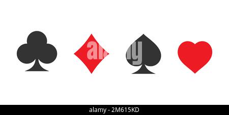 Ein Satz von Symbolen für die Anzüge von Spielkarten. Casino-Kartensymbole. Flacher Stil Stock Vektor