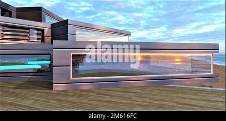 Beeindruckende Architekturabstraktion. Häuserblock aus Aluminium mit Panoramafenstern, die sich bei Drehung übereinander befinden. 3D-Rendering. Stockfoto