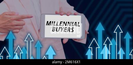 Schreiben mit Text Millennial Buyers. Geschäftsübersicht Art der Konsumenten, die an Trendprodukten interessiert sind Stockfoto