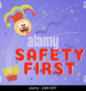 Textzeichen mit „Safety First“ (Sicherheit zuerst). Ein Wort auf vermeidet unnötige Risiken Leben Sie sicher und vorsichtig Stockfoto