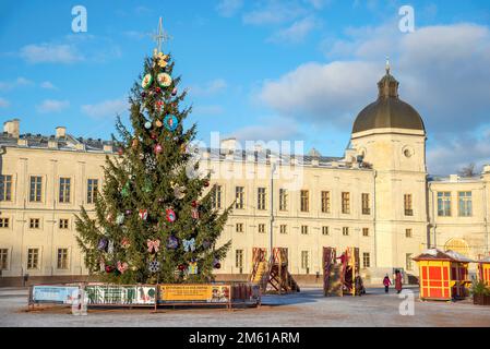 GATCHINA, RUSSLAND - 25. DEZEMBER 2022: Weihnachtsbaum vor dem Palast. Gatchina, Russland Stockfoto