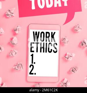 Text, der die Arbeitsethik für Inspiration zeigt. Konzept bedeutet Eine Reihe von Werten, die sich auf die Wichtigkeit der Arbeit konzentrieren Stockfoto
