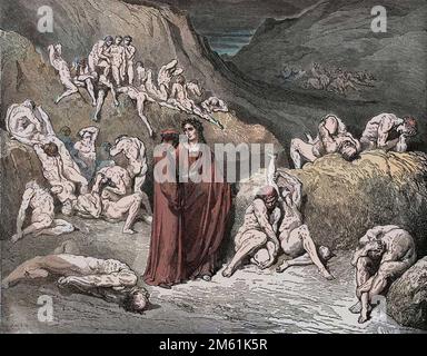 Die göttliche Komödie von Dante Alighieri , Inferno, Canto 29 : die von Juckreiz gequälten Fälscher und Fälscher - von Dante Alighieri (1265-1321) - Illustration de Gustave Dore (1832-1883), 1885 - Colorisation digital d'apres l'originale Stockfoto